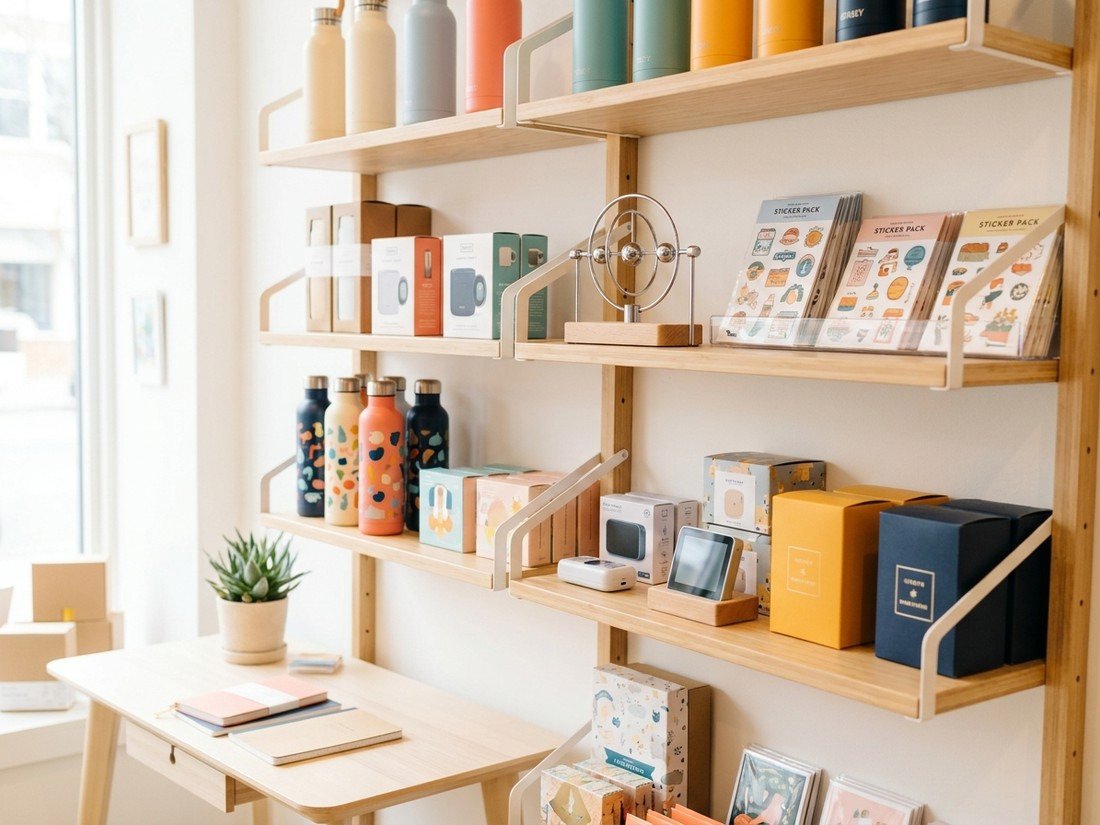A styled desk shelf